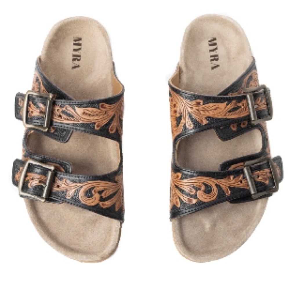 Myra Tooled Leather Sandals Brown Cork Footbed Feather Buckle Boho Western Sz 6 - Picture 5 of 8